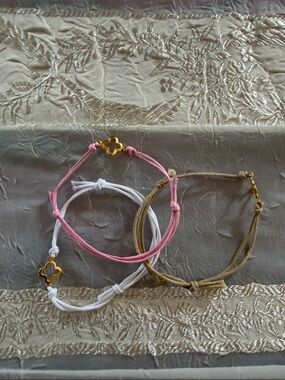 Delicate Pink, White & Tan Cord Bracelets with Gold Cross Accent